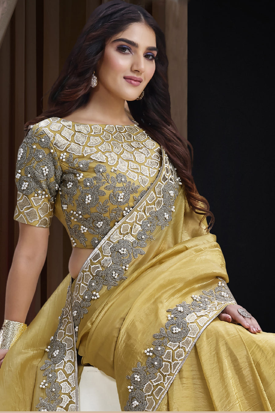 Yellow Net Saree for Wedding Guest with Cord and Pearl Handwork