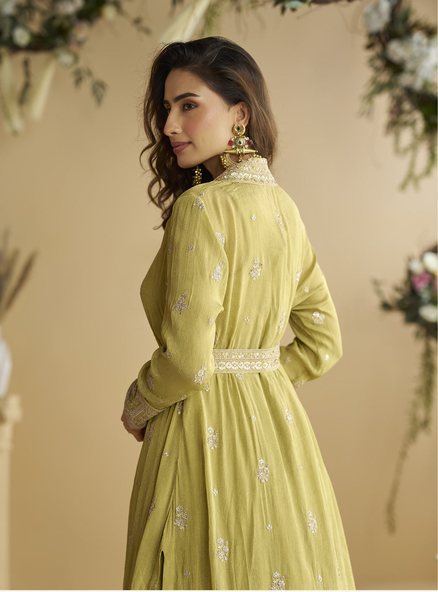 Yellow Chinon Silk Anarkali Wear with Jacket and Sequins Embroidery
