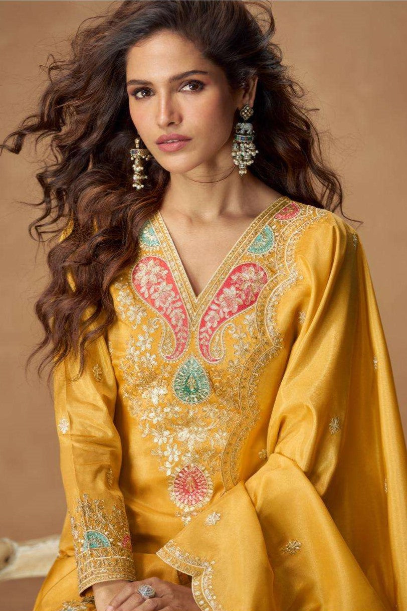 Golden Indian Palazzo Suits Online with Embroidery in Simmer Silk