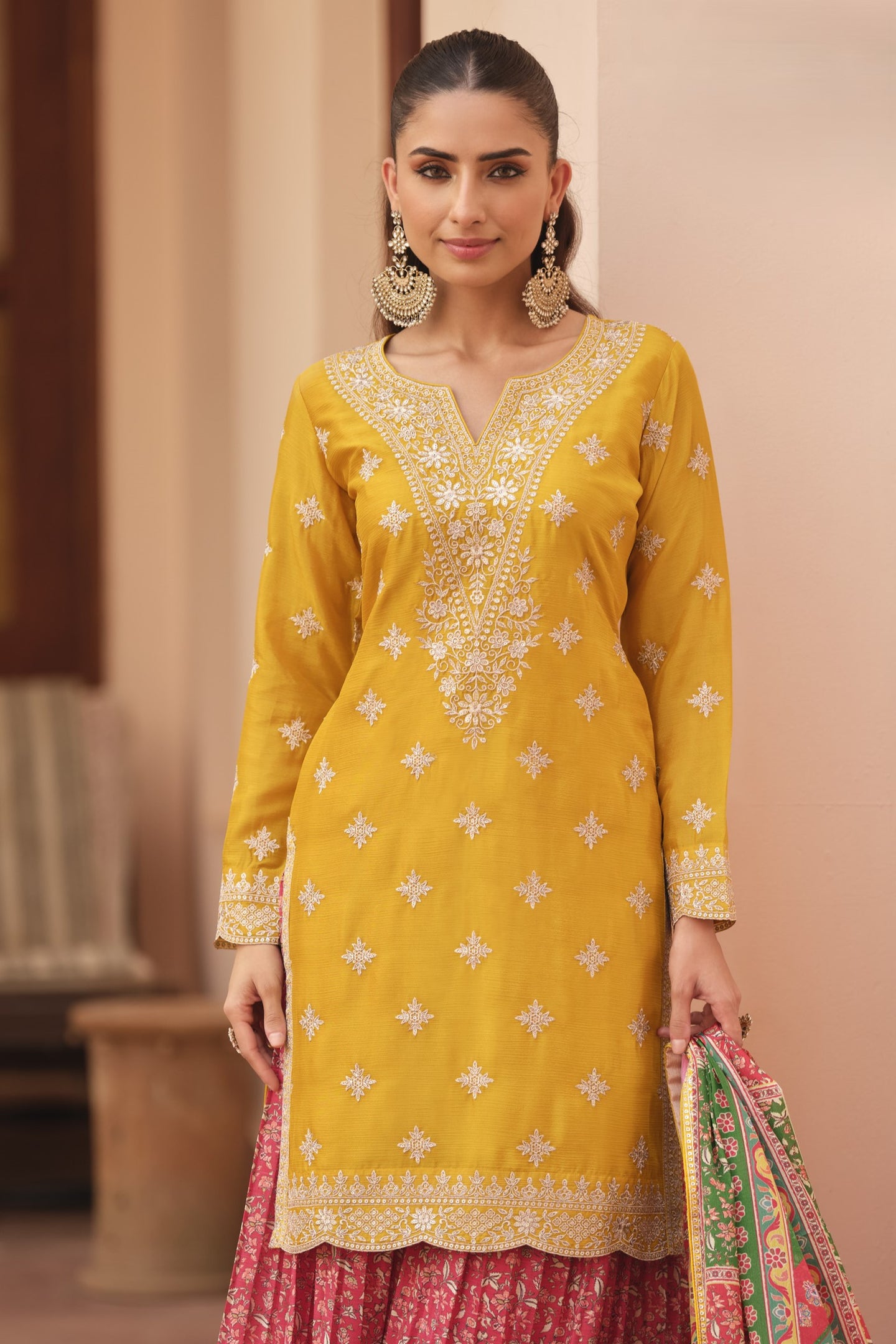 Yellow Chinon Silk Indian Palazo Clothes for Haldi Ceremony - Print & Embroidery