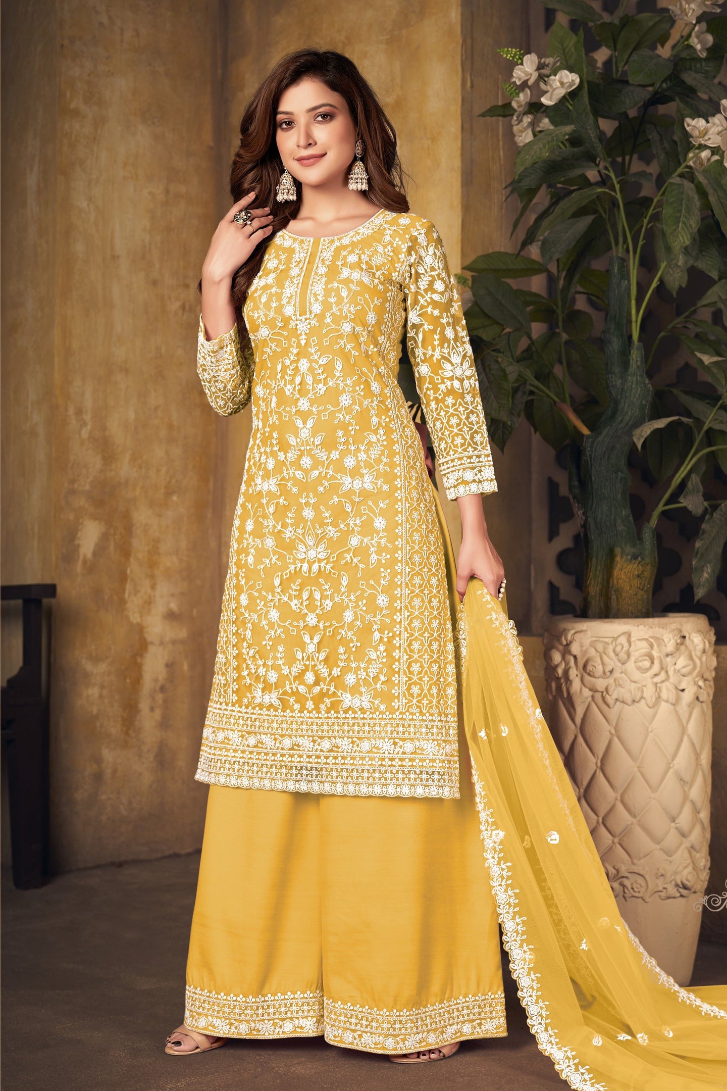Yellow Net Thread Work Plazo Sangeet Outfits for Women