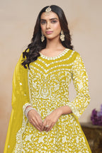 Yellow Net Dori Work Anarkali for Wedding Function