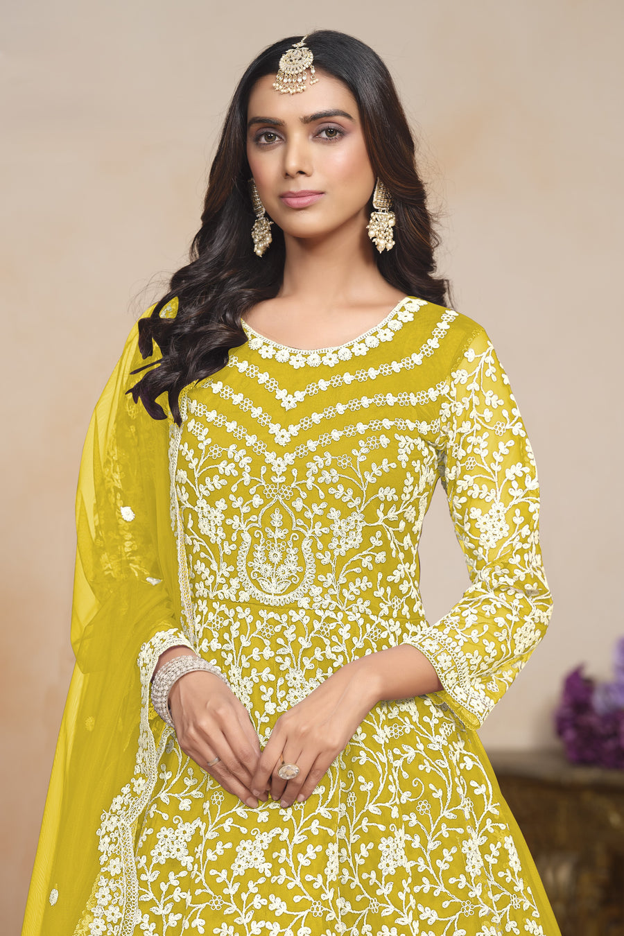 Yellow Net Dori Work Anarkali for Wedding Function