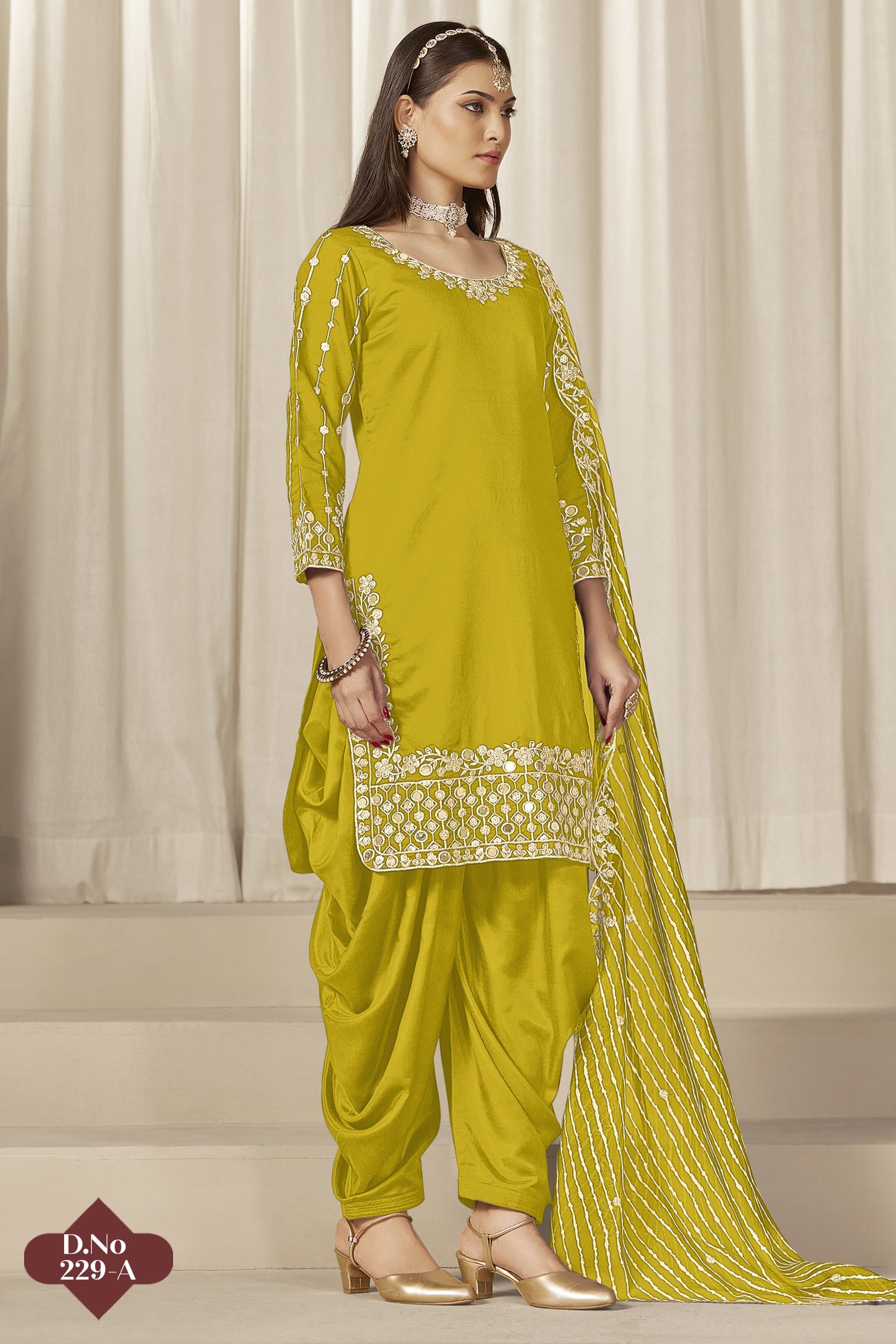 Yellow Chinon Silk Salwar Kameez Wedding Guest Suit with Mirror Work