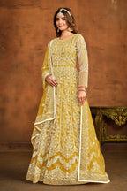 Yellow Net Anarkali Dress for Reception with Thread Work