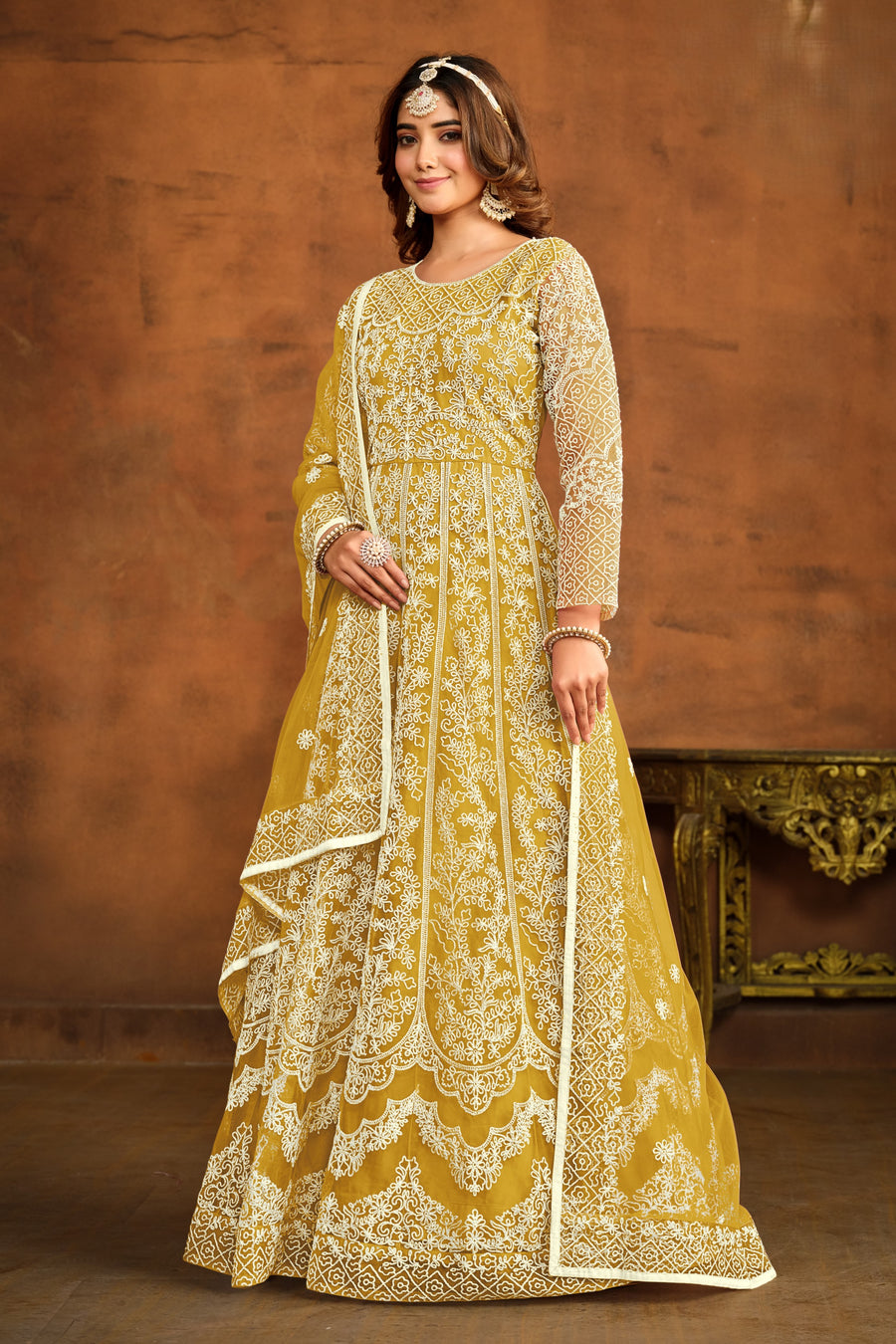 Yellow Net Anarkali Dress for Reception with Thread Work
