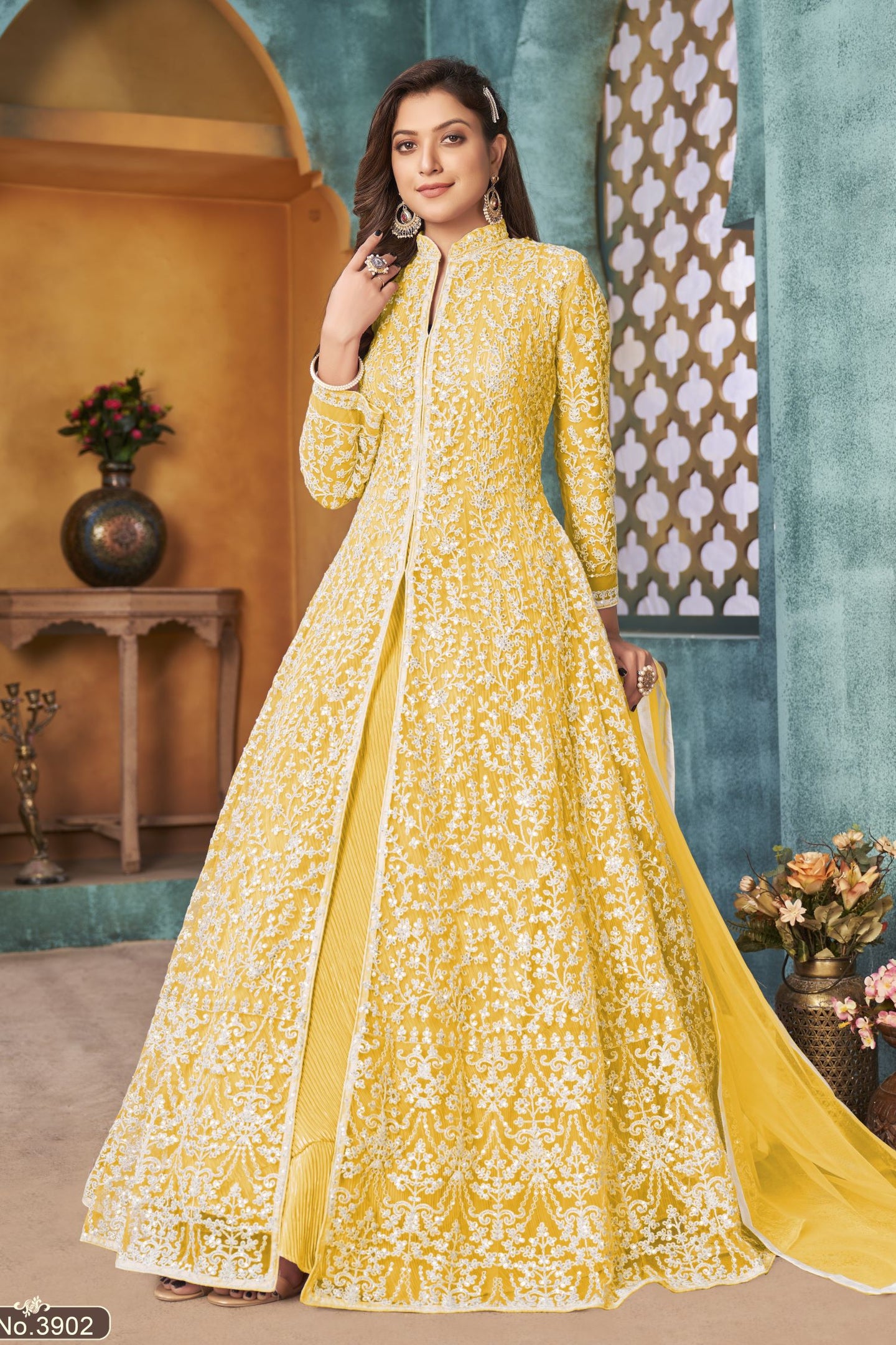 indian party dresses Yellow Net Anarkali Wear with Sequins and Thread Embroidery Work 36 Melani Terracotta i Dress Yellow Anarkali Fabric black two piece outfit Size:Size UK 20/ US 16