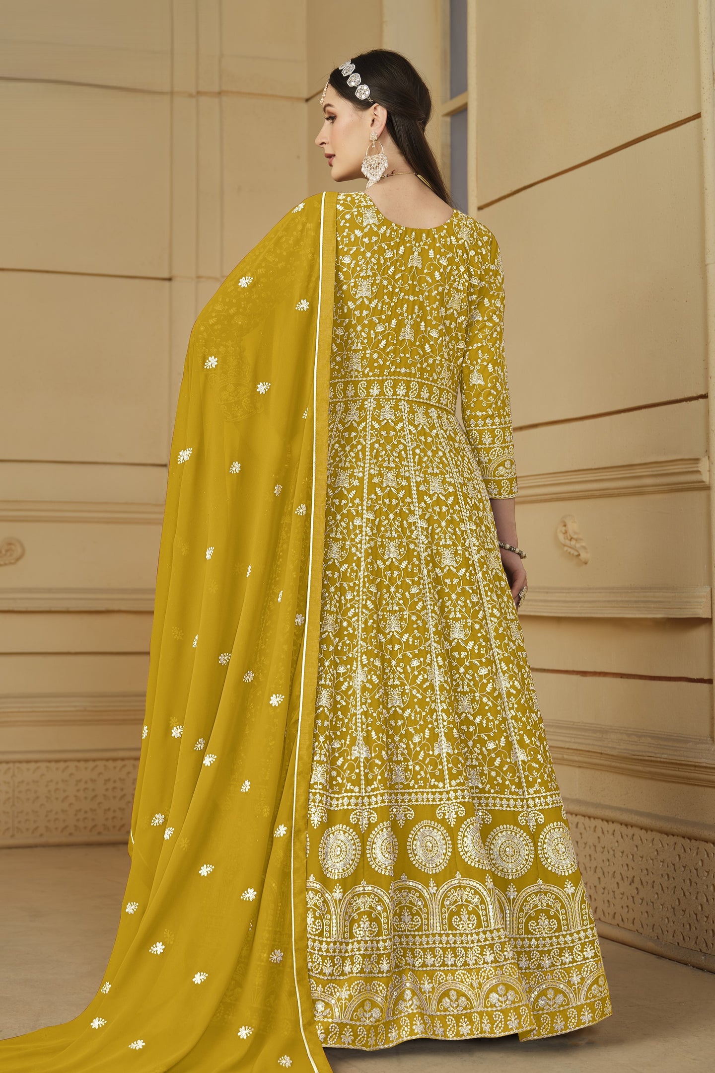 Yellow Georgette Anarkali for Wedding Function with Thread and Sequins Embroidery