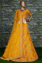 Mustard Yellow Slub Silk Lehenga Choli For Indian Festivals & Pakistani Weddings Dress - Sequence Embroidery Work, Zari Work