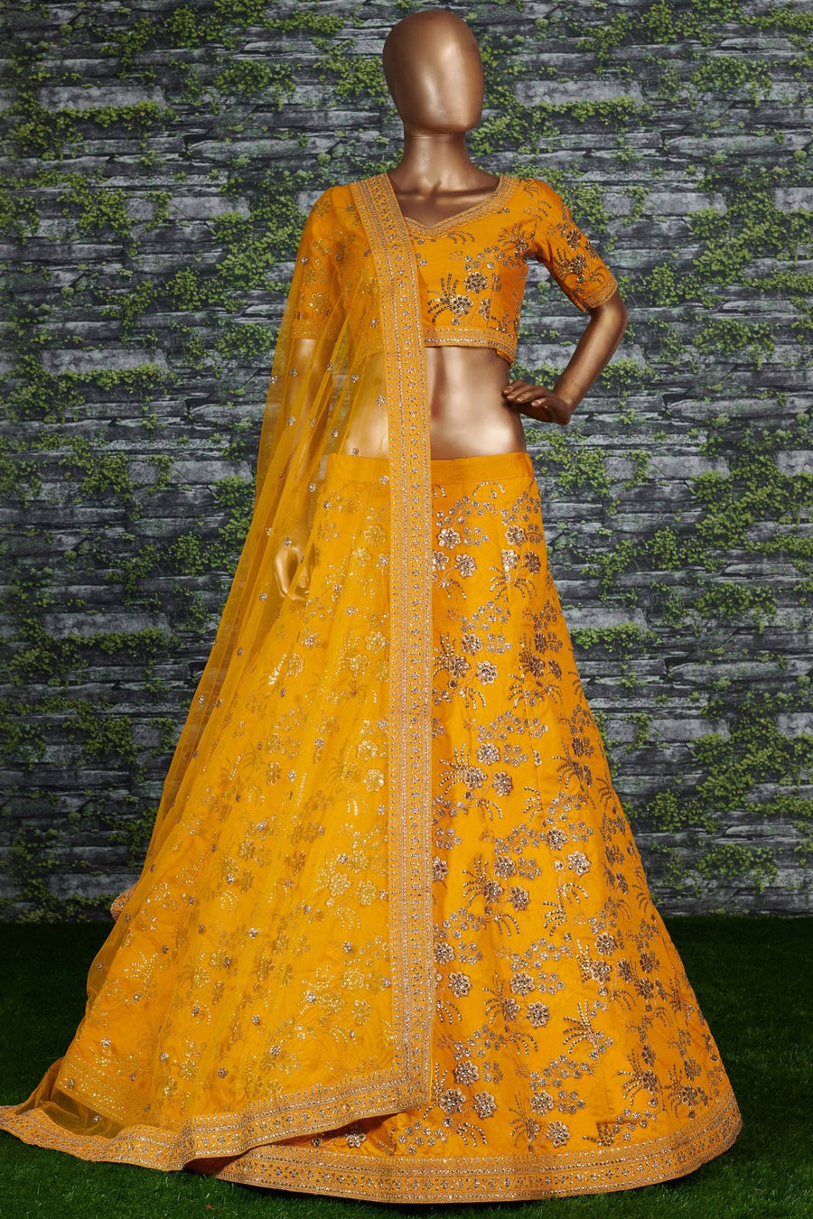 Mustard Yellow Slub Silk Lehenga Choli For Indian Festivals & Pakistani Weddings Dress - Sequence Embroidery Work, Zari Work