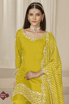 Yellow Chinon Silk Salwar Kameez Wedding Guest Suit with Mirror Work