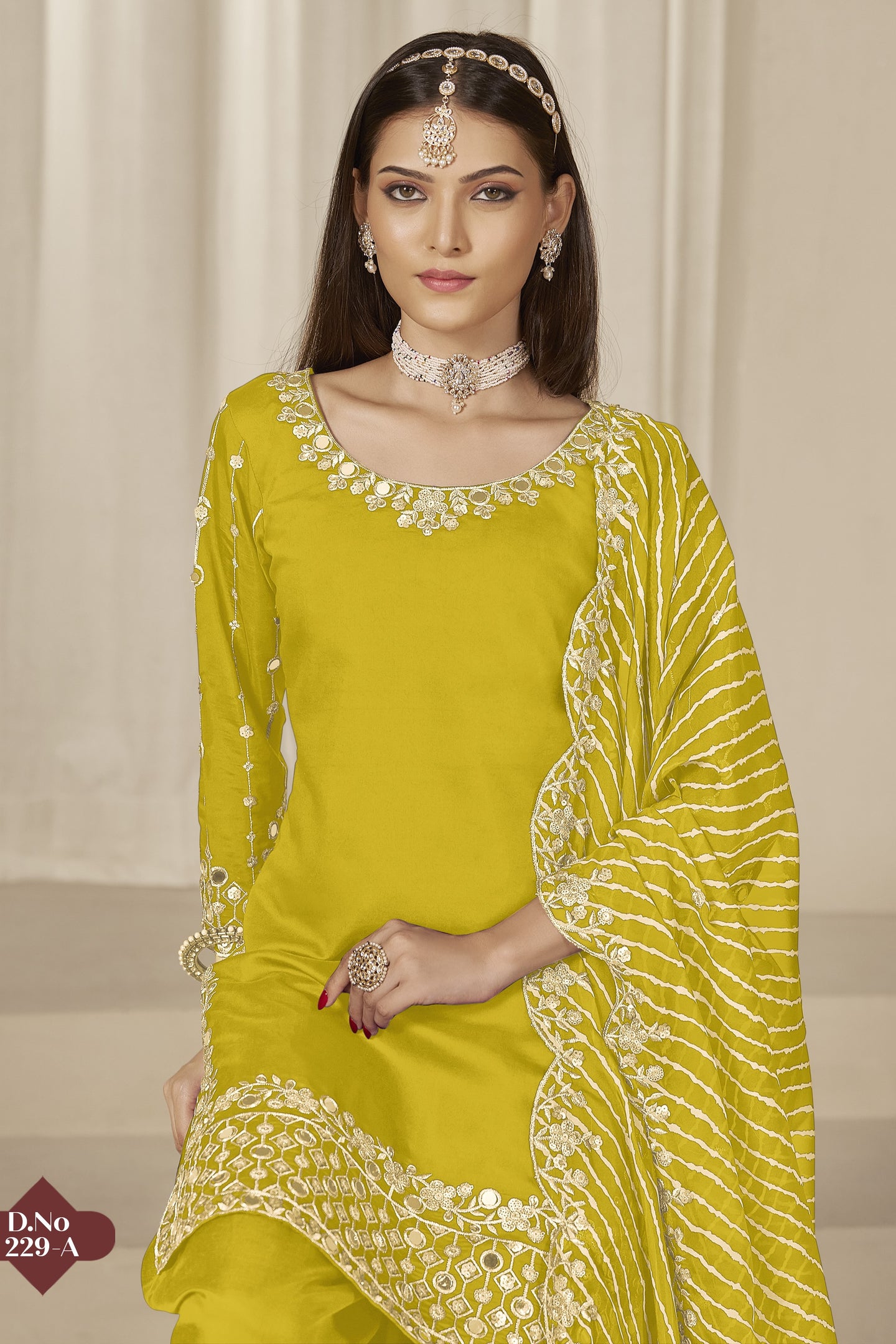 Yellow Chinon Silk Salwar Kameez Wedding Guest Suit with Mirror Work