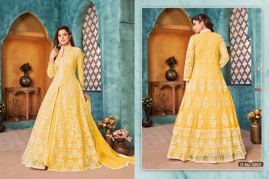 Yellow Net Anarkali Indian Party Wear Dresses with Sequins and Thread Embroidery Work