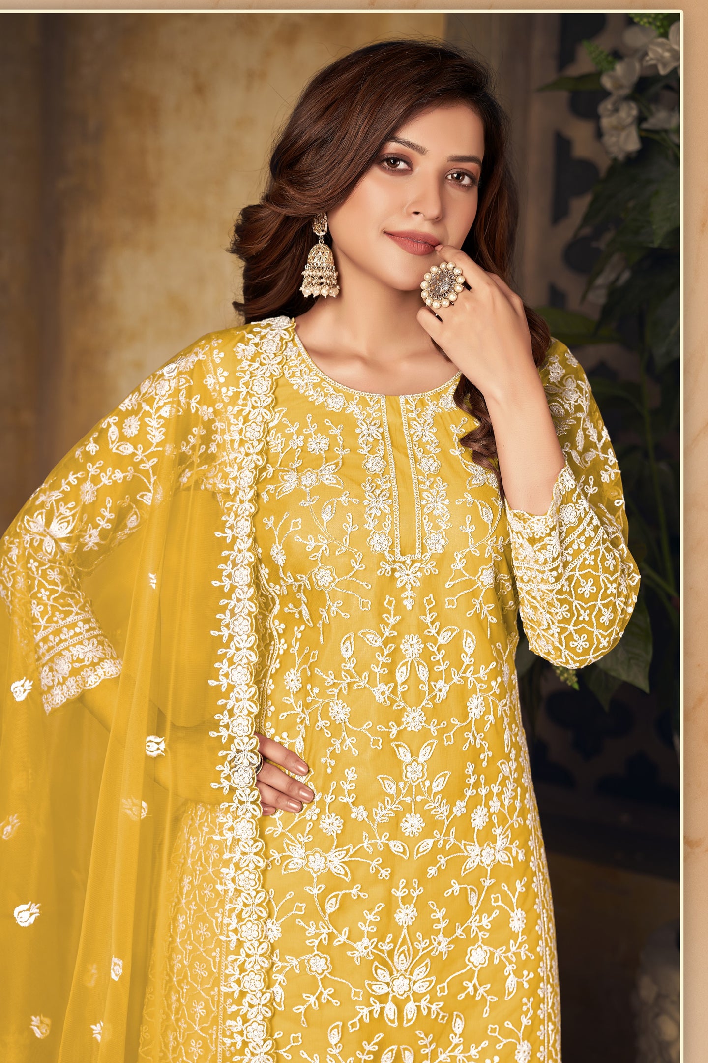 Yellow Net Thread Work Plazo Sangeet Outfits for Women