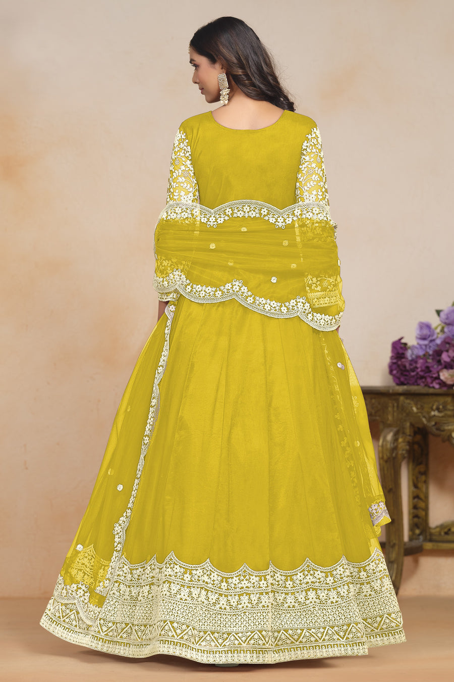 Yellow Net Dori Work Anarkali for Wedding Function