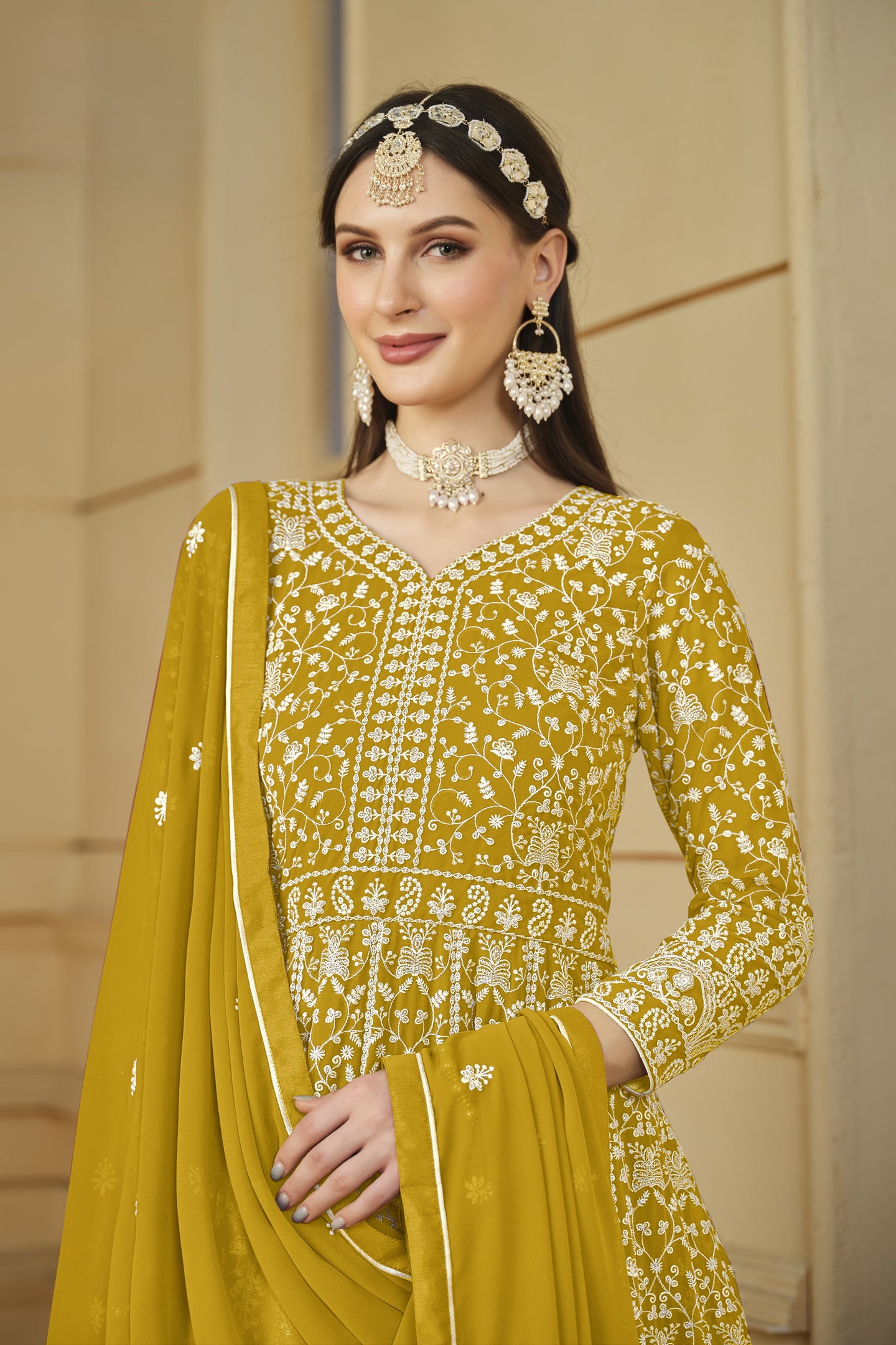 Yellow Georgette Anarkali for Wedding Function with Thread and Sequins Embroidery