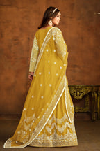 Yellow Net Anarkali Dress for Reception with Thread Work