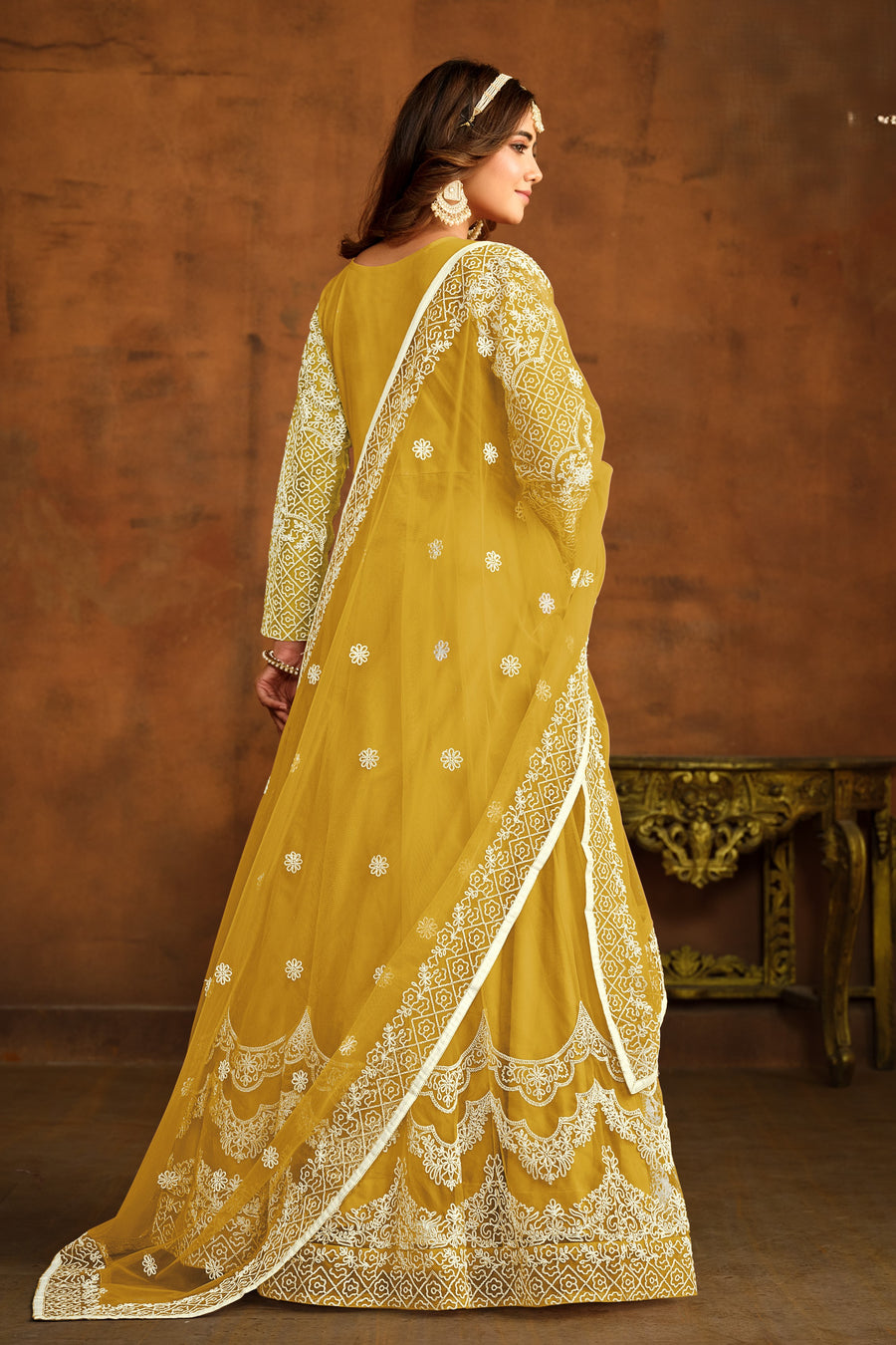 Yellow Net Anarkali Dress for Reception with Thread Work
