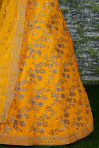 Mustard Yellow Slub Silk Lehenga Choli For Indian Festivals & Pakistani Weddings Dress - Sequence Embroidery Work, Zari Work
