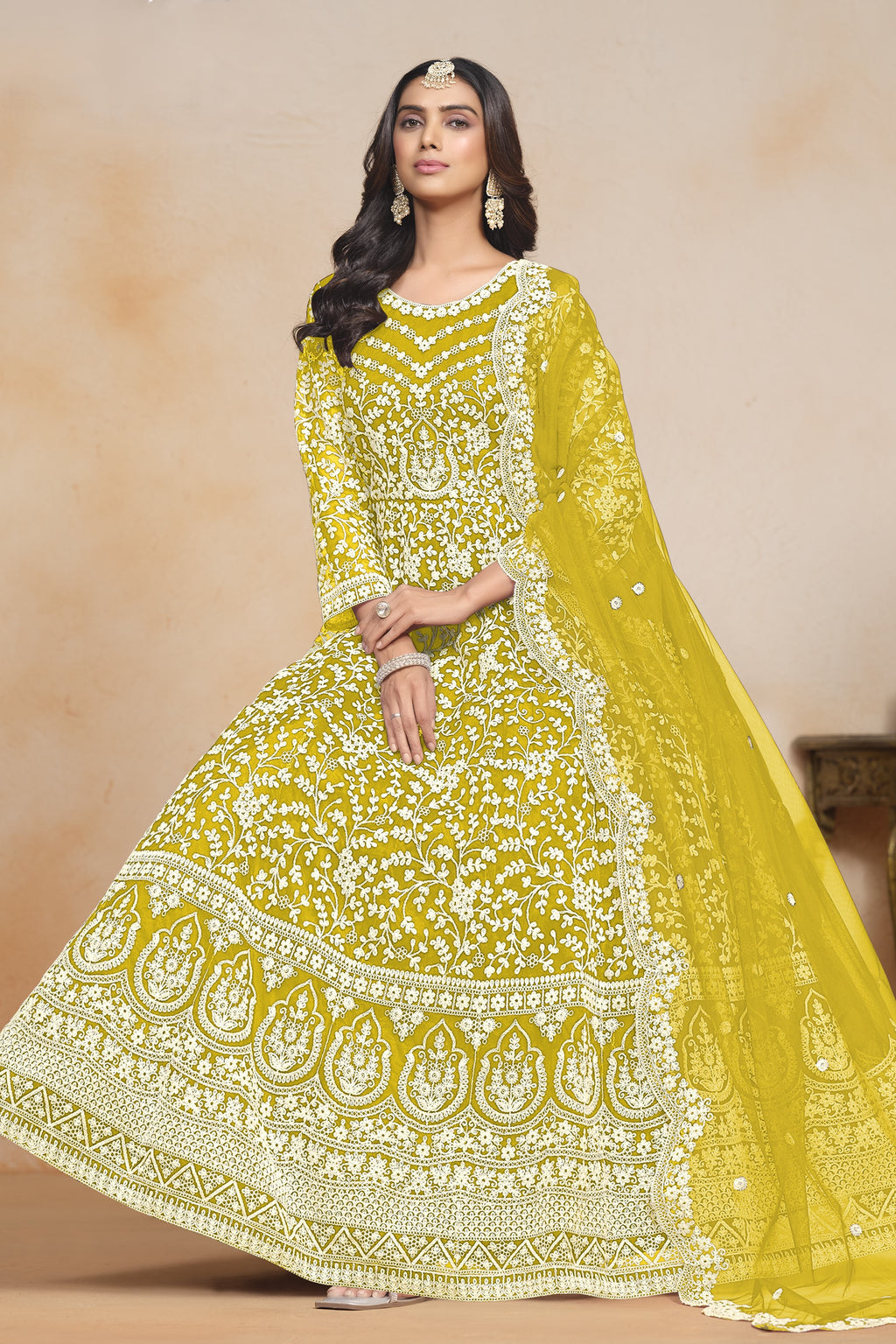 Yellow Net Dori Work Anarkali for Wedding Function