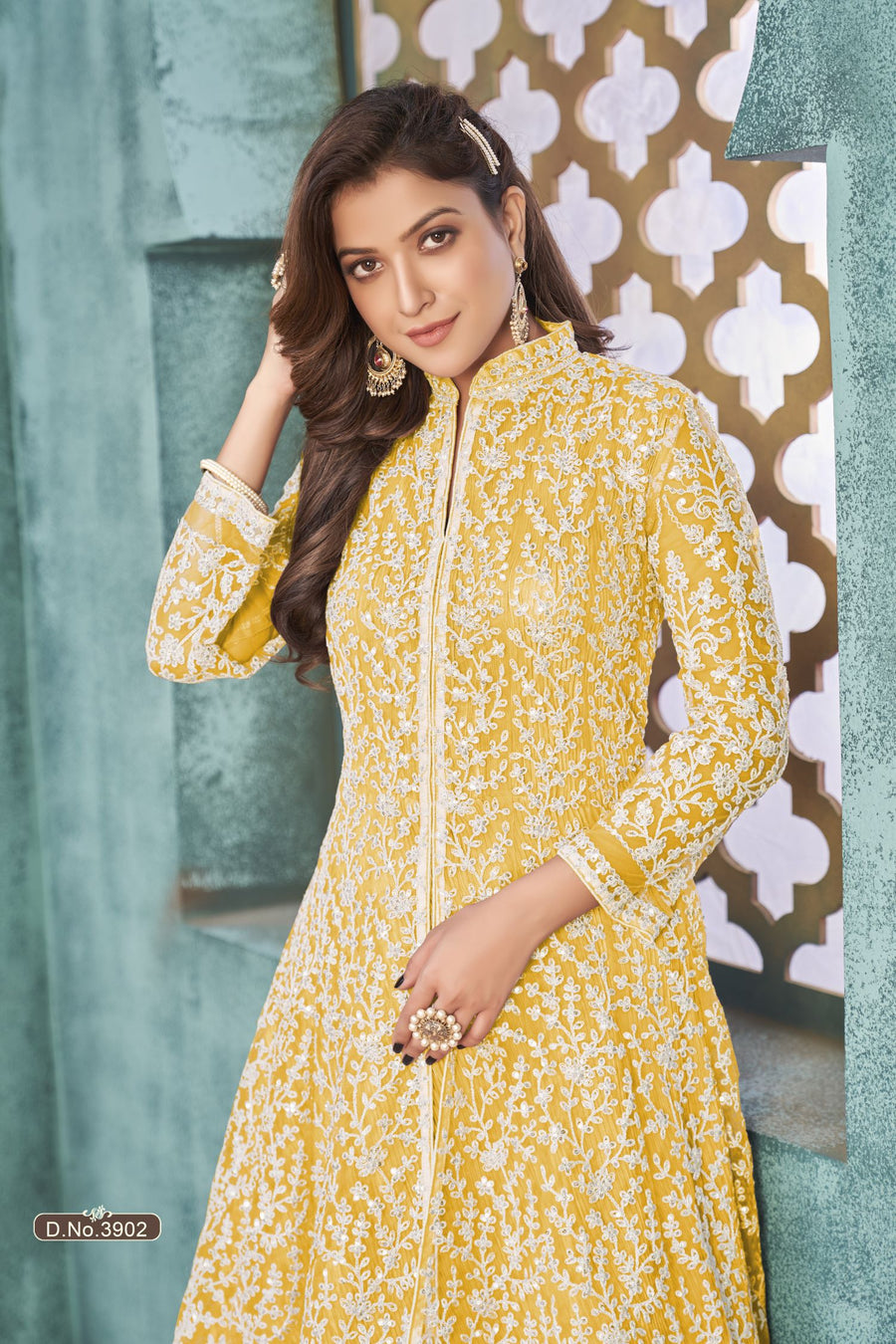 Yellow Net Anarkali Indian Party Wear Dresses with Sequins and Thread Embroidery Work