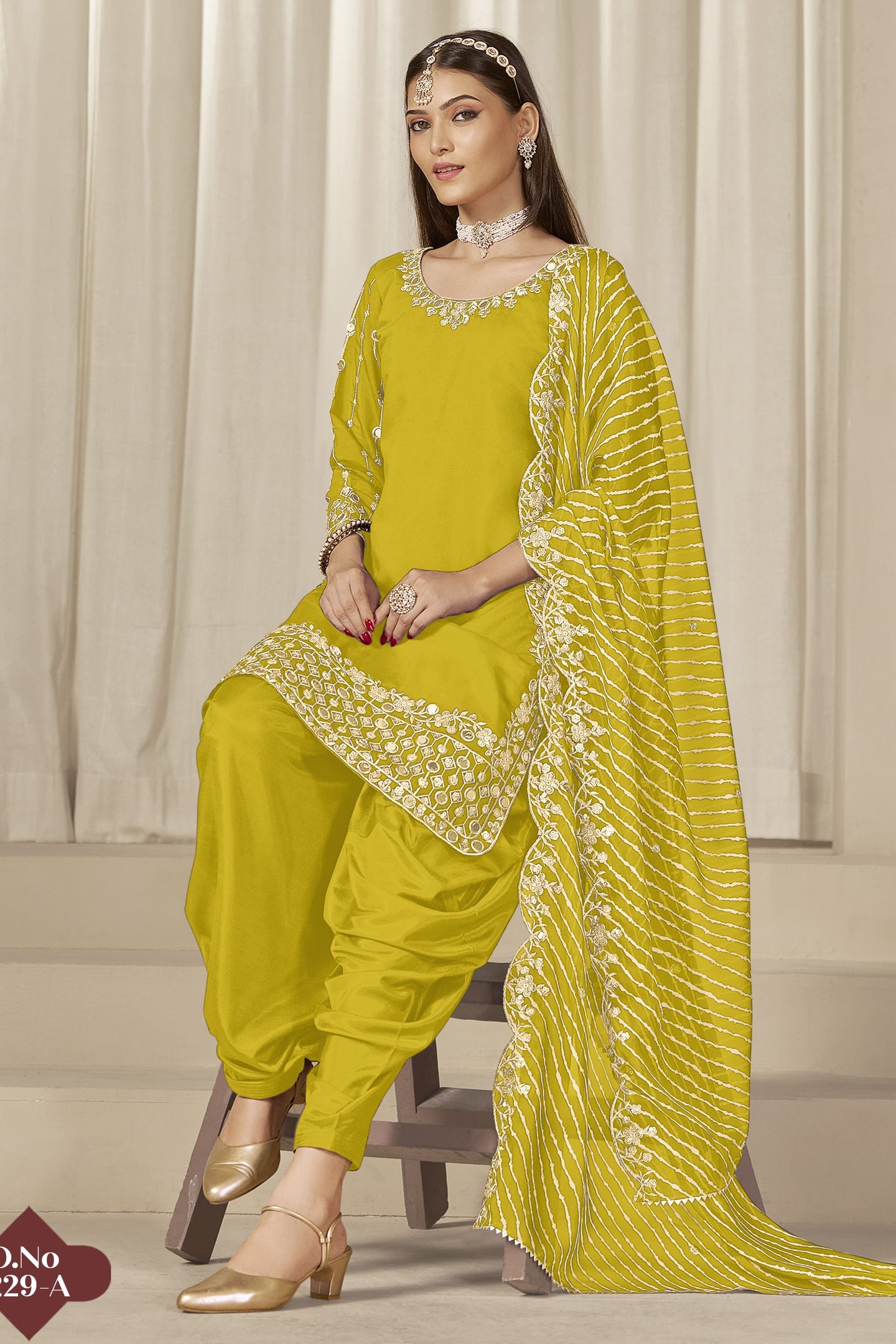 Yellow Chinon Silk Salwar Kameez Wedding Guest Suit with Mirror Work