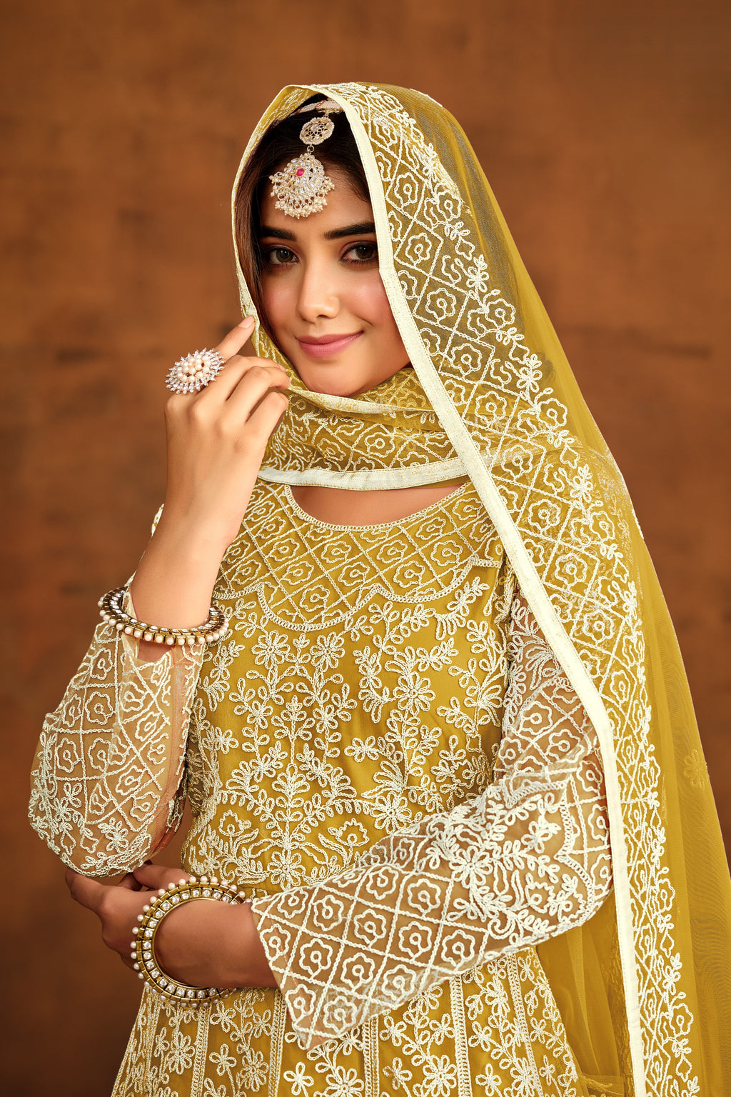 Yellow Net Anarkali Dress for Reception with Thread Work