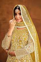 Yellow Net Anarkali Dress for Reception with Thread Work