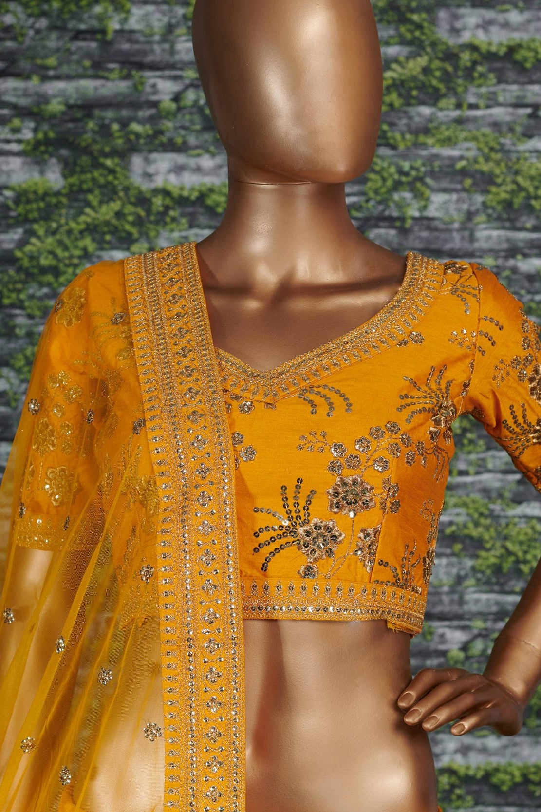 Mustard Yellow Slub Silk Lehenga Choli For Indian Festivals & Pakistani Weddings Dress - Sequence Embroidery Work, Zari Work