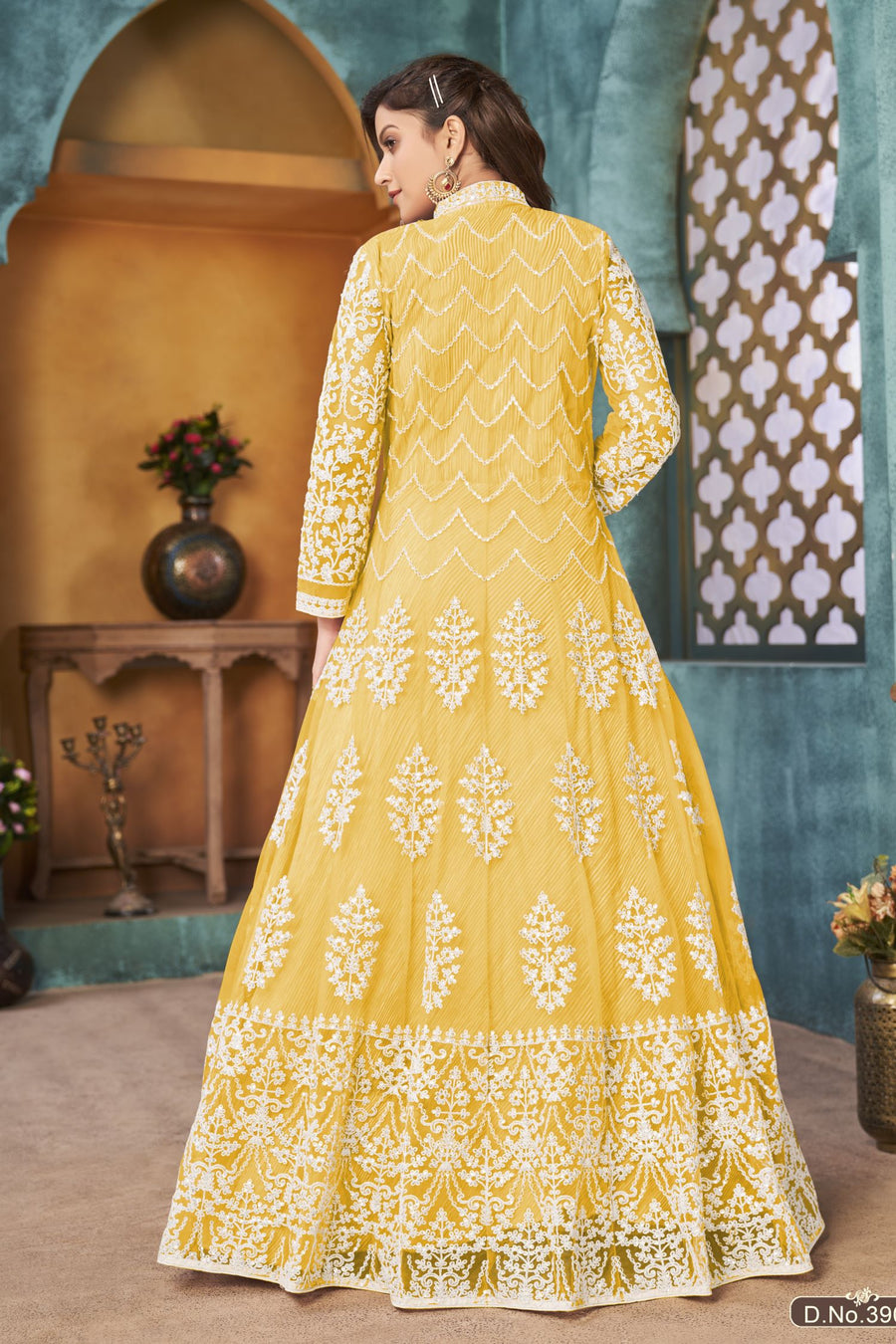 Yellow Net Anarkali Indian Party Wear Dresses with Sequins and Thread Embroidery Work