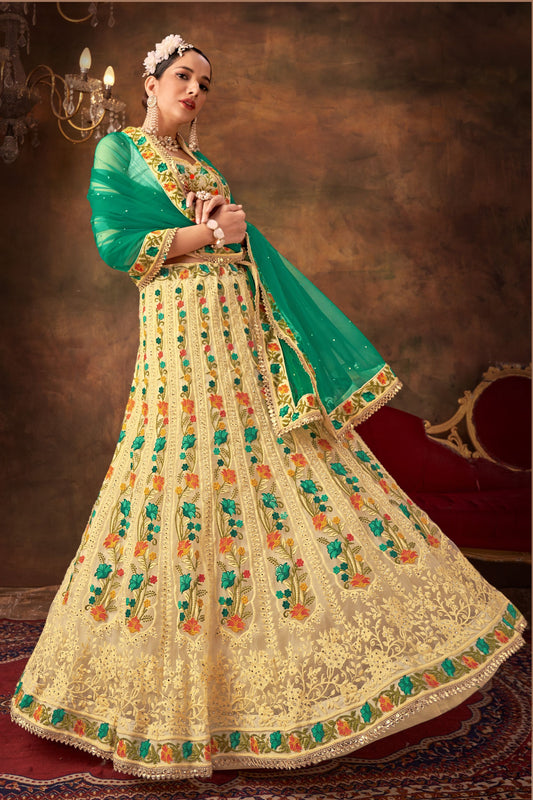 Yellowish Cream Net Lehenga Choli For Indian Festivals & Weddings - Thread Embroidery Work, Sequence Embroidery Work