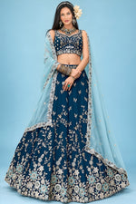 Navy Blue Lehenga for Wedding Guest with Zari, Sequin & Thread Work