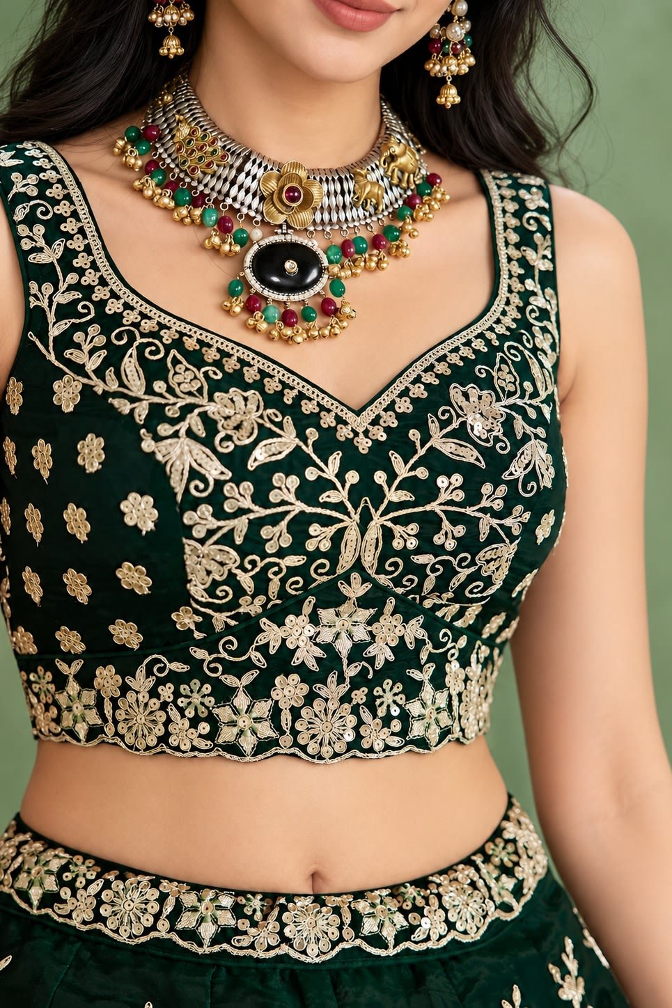 Closeup of the blouse of a dark green lehenga for mehendi, showing the sweetheart neckline and zari, sequin and thread work in detail.