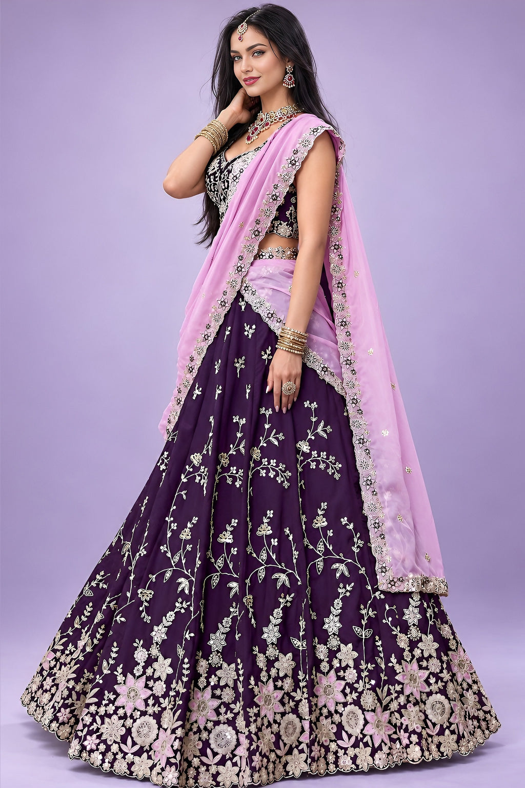 Front view of dark purple sangeet lehengas with a sleeveless sweetheart blouse, flared rangoli silk skirt and lavender dupatta.