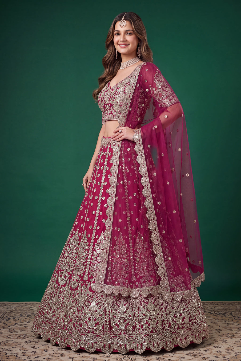 Woman wearing a hot pink reception lehenga in net with zari, dori and sequins work, sleeveless sweetheart blouse, full-length front view.