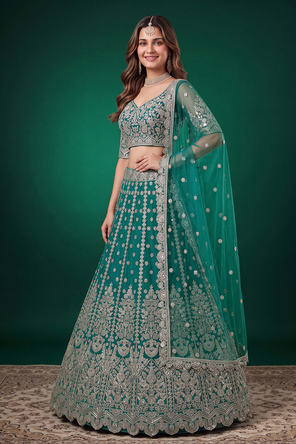 Full-length back view of a teal party wear lehenga in net with an open back blouse with dori tie and zari and sequins work.