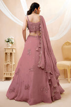 Full-length back view of a rust pink lehenga for wedding in georgette with an open back blouse with dori tie and zari and sequin work.