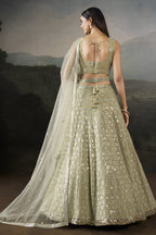 Back view of the champagne mehndi lehenga showing the tie-up back blouse, long net dupatta and flared sequinned georgette skirt.