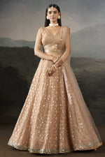 Pale Peach Sleeveless Sangeet Lehenga with Mirror Zari & Sequin