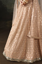Close-up of the pale peach lehenga skirt, a shimmering sangeet outfits for women piece with dense sequin work and a net dupatta edge.