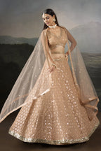 Front pose of the pale peach lehenga, a bright sangeet outfits for women choice, with a V neck blouse and flared sequinned skirt.