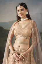 Half view of the pale peach pastel lehenga with a sleeveless V neck blouse, sequin work and a sheer net dupatta over the shoulder.