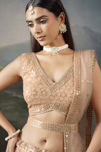 Close-up of the pale peach blouse and worked belt, a detailed sangeet outfits for women look with sequin work and a sheer net dupatta.