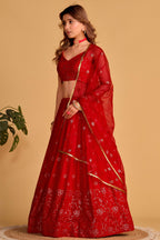 Full-length back view of a reddish pink engagement lehenga with square neckline back choli and zari and sequin embroidery work.