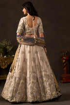 Light beige silk lehenga choli, three-quarter front view, V neckline blouse with zari work.