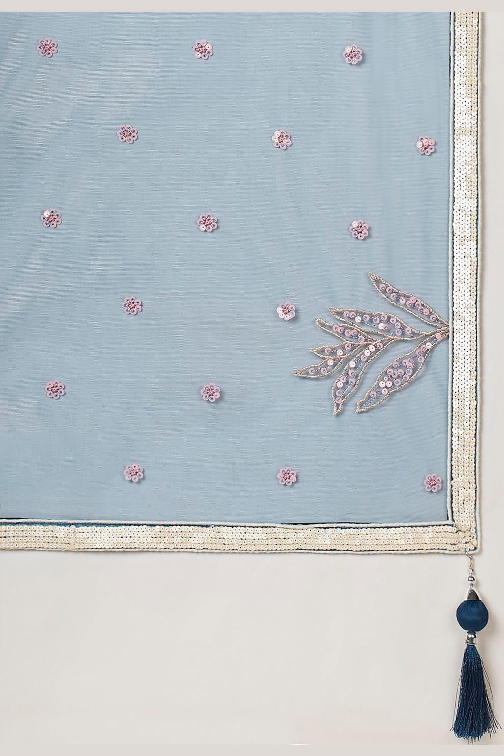 Teal embroidered dupatta, close-up of the dupatta, featuring thread and sequins embroidery work on net fabric.