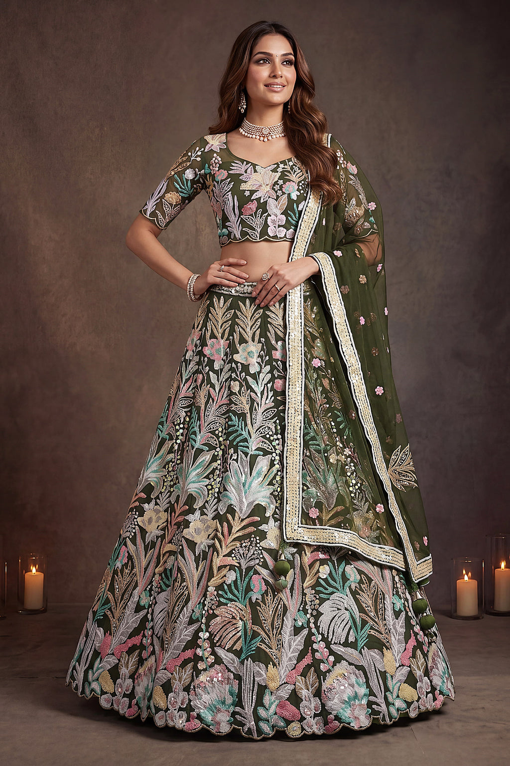 Olive Green lehenga for sangeet, shown in a full front view, featuring thread and sequins embroidery work on net fabric.
