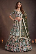 Olive Green lehenga for sangeet, shown in a full front view, featuring thread and sequins embroidery work on net fabric.
