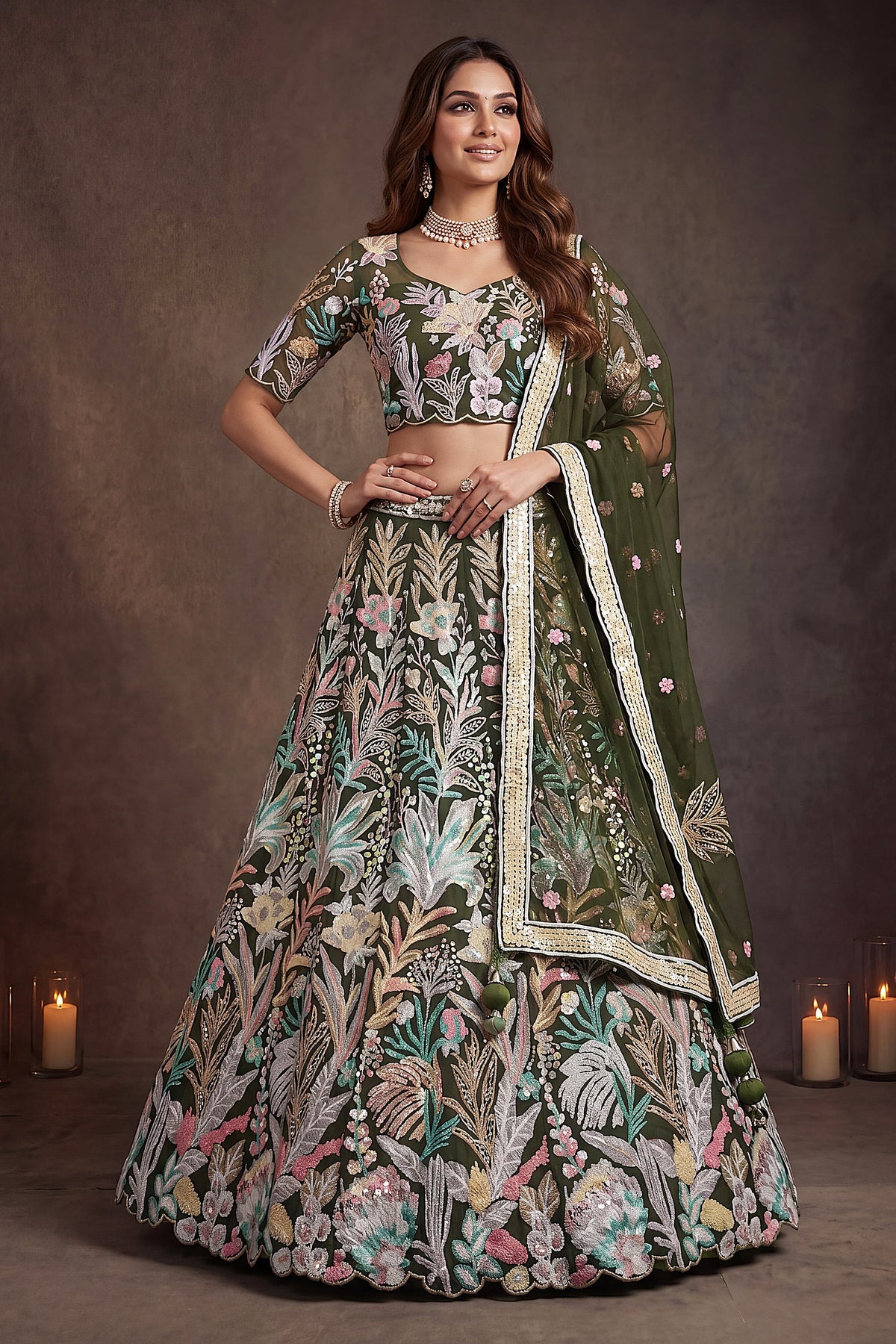 Olive Green lehenga for sangeet, shown in a full front view, featuring thread and sequins embroidery work on net fabric.