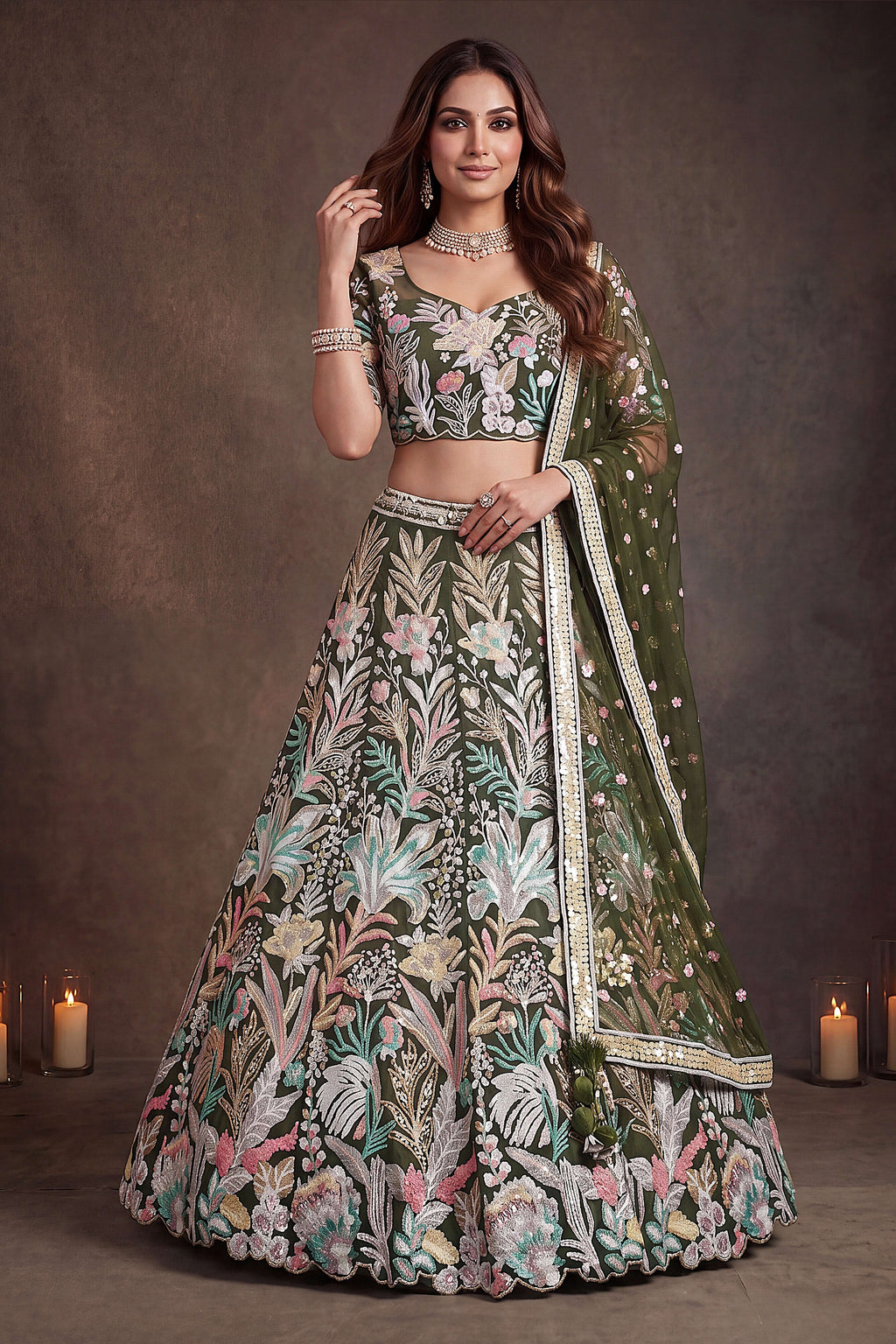 Olive Green embroidered lehenga, close-up of the blouse and choli embroidery detailing, featuring thread and sequins embroidery work on net fabric.